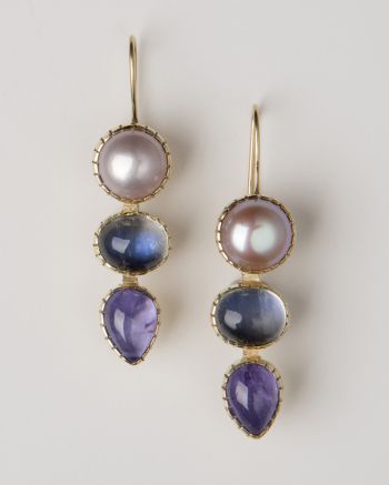 Earrings: Freshwater Pearls. Blue Moonstone, Tanzanite Drops